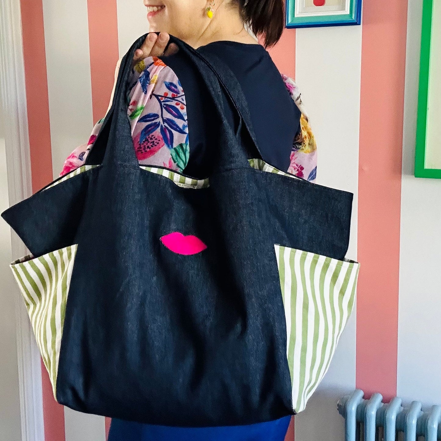 THE CITY BAG GREEN STRIPE AND PINK £59
