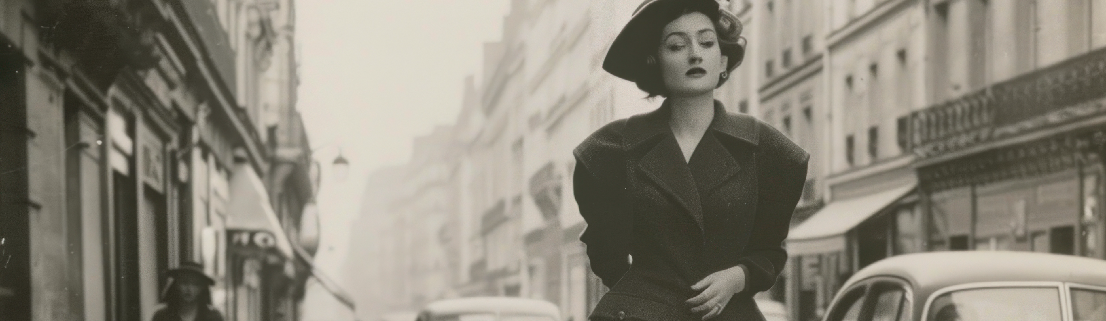 Black and white photo of a stylish woman wearing a dark, elegant coat and a beret, walking confidently down a vintage city street. Classic cars and old buildings line the background, giving the scene a mid-20th-century aesthetic.